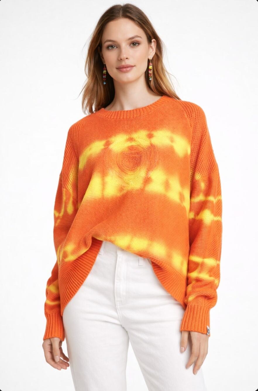 Desigual Orange Tie Dye Knit Sweater Embroidered Slouchy Oversized Jumper M